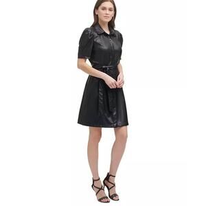 DKNY Black Faux Leather Midi Shirt Dress